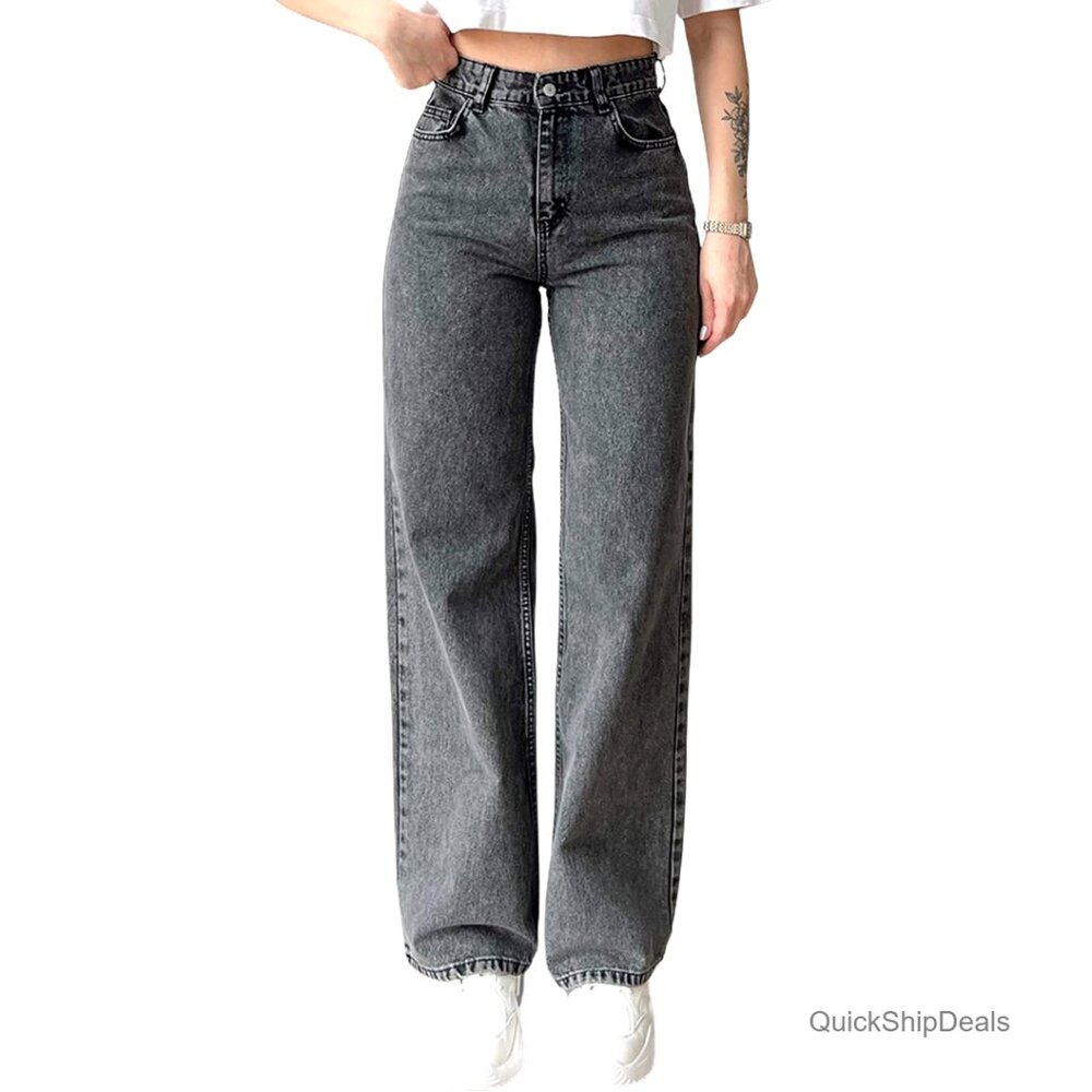 Wide Leg Straight Jeans High Waist Stretchy Boyfriend Denim Pants